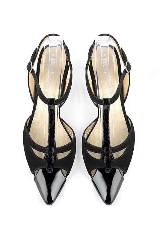 Gloss black women's open back T-strap shoes. Tapered toe. Medium comma heels. Top view - Florence KOOIJMAN